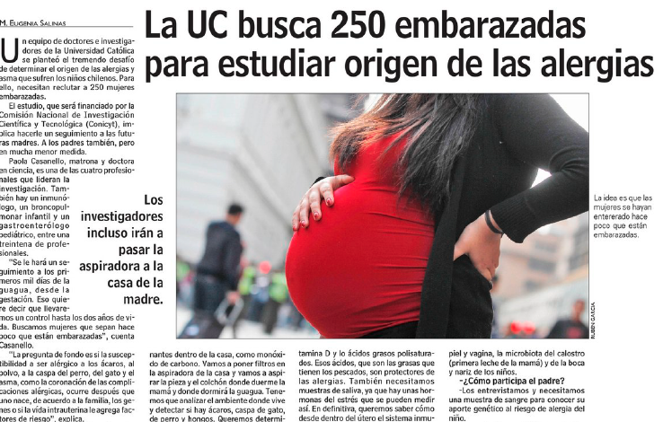 La UC busca 250 embarazadas para estudiar origen de las alergias/ Dra. Paola Casanello, Las Últimas Noticias.